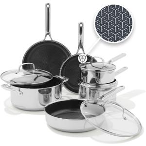 OXO Hybrid 10 Piece Cookware Pots & Pans Set, PFAS-Free Ceramic Nonstick, Fusion Boost Tech for Powerful Searing, Induction & All Cooktop Compatible, Dishwasher Safe, Mirror Polished Tri-Ply