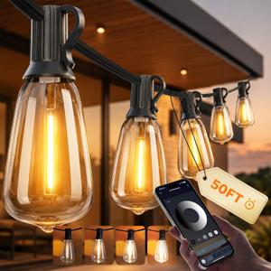 Outdoor String Lights, 50FT Patio Lights for Outside, Smart App & Remote Control with Timer, Dimmable with 4 Scene Modes, Warm White Waterproof LED Bulbs for Garden, Yard and Backyard Decor