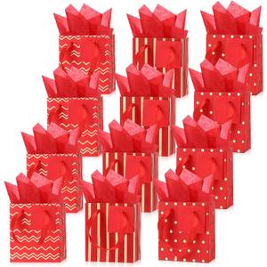 Tenare 12 Pcs Small Gift Bags Mini Metallic Paper Bag Bulk Tiny with Handle Tissue Paper for Gift Wrap Mother's Father's Day Birthday Graduation Party(4 x 2.75 x 4.5 Inch,Red Gold)