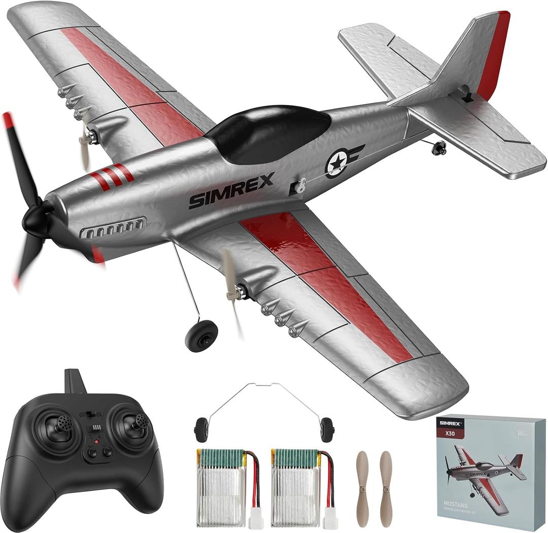 SIMREX RC Plane for Kids - 2.4GHz 3-Channel Remote Control Airplane Toy with 6-Axis Gyro, 2 Speeds, 2 Batteries, P51 RC Airplane, Foam Glider - Gift for Boys & Girls (Gray)