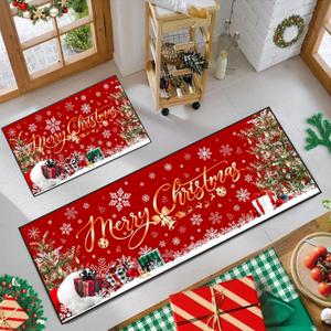 ACZHHZC Merry Christmas Kitchen Rugs Set of 2, Winter Snowflake Xmas Tree Holiday Home Kitchen Decor Floor Mats, Washable Non-Slip Sink Carpet (Christmas 3, 17"x47"+17"x30")