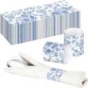FoldTier 300 Pcs Wedding Paper Napkin Rings Disposable Napkin Bands Self Adhesive Blue White Flower Silverware Wrap Band for Wedding Birthday Holiday Party Dinner Table Setting Decoration