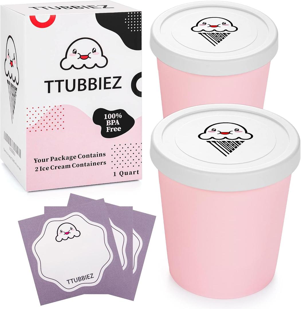 Ice Cream Containers (2 Pack - 1 Quart Each), Freezer Containers for Homemade Ice Cream Storage - Pink