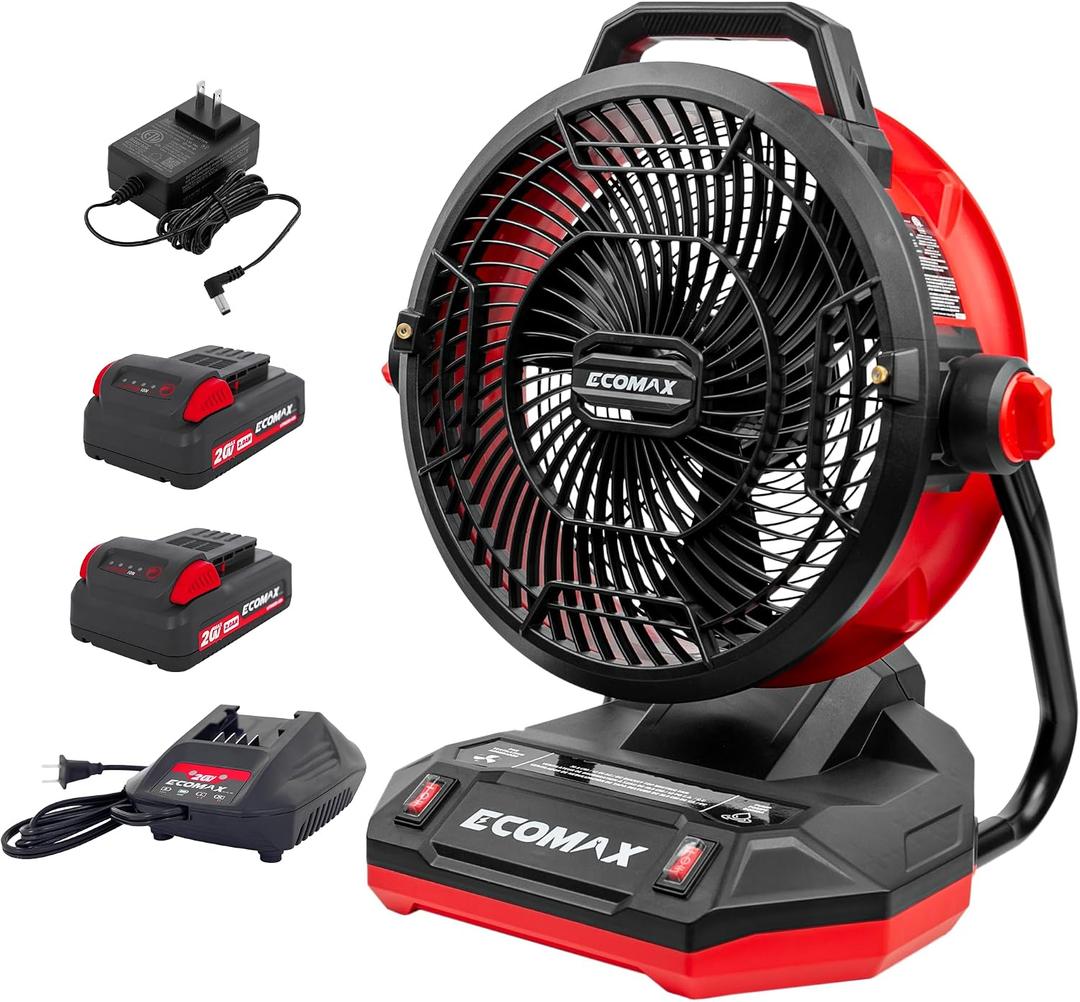 ECOMAX 12" AC/DC Bucket Top Misting Fan, Cordless with 2x20V Batteries & 2A Charger, 2-Speed Airflow & 2-Speed Mist Cooling Fan for Outdoor, Patio, Camping, Fits for 5-Gallon Bucket & Garden Hose