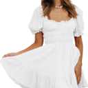 Women's Square Neck Puff Sleeve Mini Dresses Ruffle Elastic Waist A-Line Elegant Summer Casual Flowy Mini Dress (White)