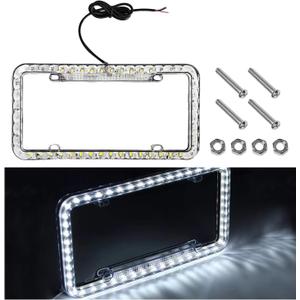 12V 48 LED Color Light License Plate Frame, Acrylic Plastic Licence Plate Cover with Bright LED Lights, Waterproof Car Tag Decor Front and Rear License Frame with Screws (White)