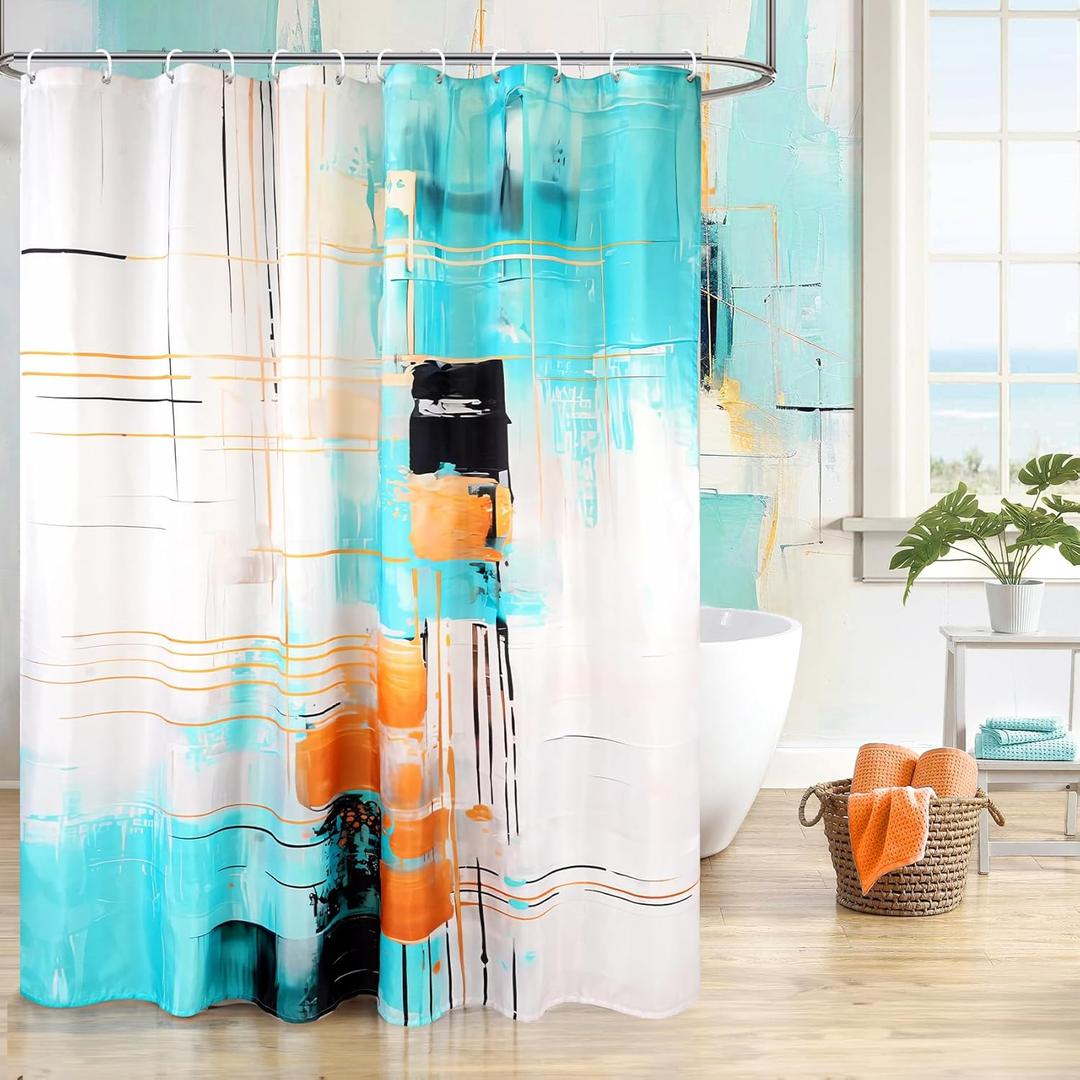 Abstract Teal Gold Modern Square Irregular Line Oil Painting Shower Curtain, 72"W x 72"H with 12 Hooks, Waterproof, Polyester Fabric for Bathroom Decor (Mint Green,gold and Black)