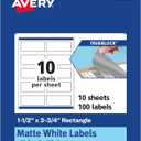 Avery TrueBlock Matte White Rectangle Labels, Sure Feed Technology, 1.5" x 3.75", 100 Matte White Labels, Print-to-The-Edge, Laser/Inkjet Printable, Great for Packaging and Product Merchandising
