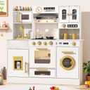 BIERUM Wooden Play Kitchen for Kids Ages 3-8 with Lights & Sounds, Pretend Play Kitchen Set with Stove, Ice Maker, Coffee Maker, Oven & Accessories, Toddler Kitchen Playset for Boys and Girls (White)