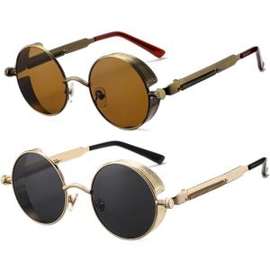 HJSTES Vintage Round Steampunk Sunglasses for Women Men Circle Gothic Glasses Retro Metal Frame (2 Pack (Brown Lens/Bronze+black Lens/Gold))