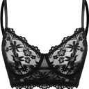 SOLY HUX Women's Lace Bra Sexy See Through Bralettes Underwire Unlined Sheer Push Up Bras (Plain Black) S