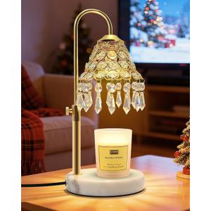 Crystal Candle Warmer Lamp with Timer and Dimmer - 2-in-1 Electric Wax Melt Burner & Dimmable Table Lamp, Adjustable Height Stand, White Marble Base, Birthday Gifts for Women, Elegant Home Decor (Gold)