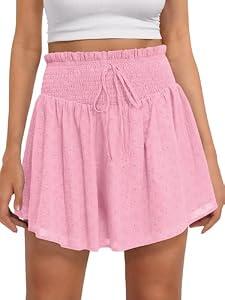 Caracilia Womens Summer Eyelet Mini Skirts High Waist Smocked Layered Ruffle Cute Boho Short Skorts 2026 Casual Beach Outfits Pink Small