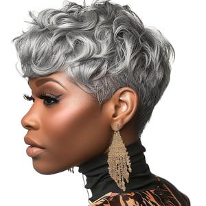 MOONSHOW Short Grey Wigs for Black Women Grey Pixie Cut Wig Short Gray Wigs for Blcak Women Synthetic Gray Curly Pixie Wig for Old Women