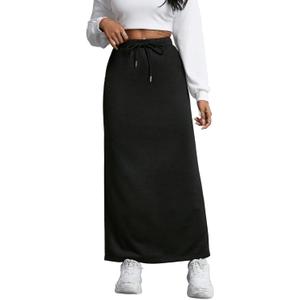 SOFIA'S CHOICE Women's Drawstring Midi Skirts High Elastic Waist Skirt (Black, S)