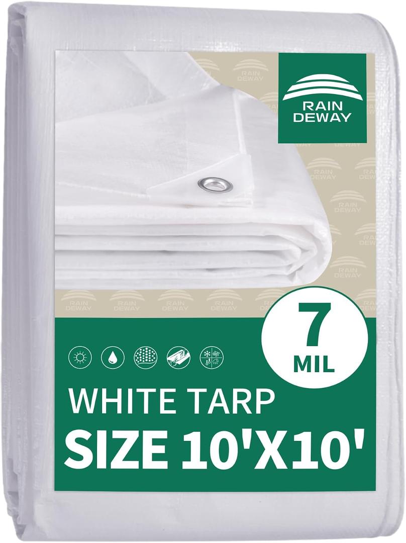 RAINDEWAY 10x10 Feet White Tarp Waterproof,7Mil Thick,Finished Size,UV Resistant,Multipurpose Poly Tarp Cover with Metal Grommets and Reinforced Edges,White Tarps