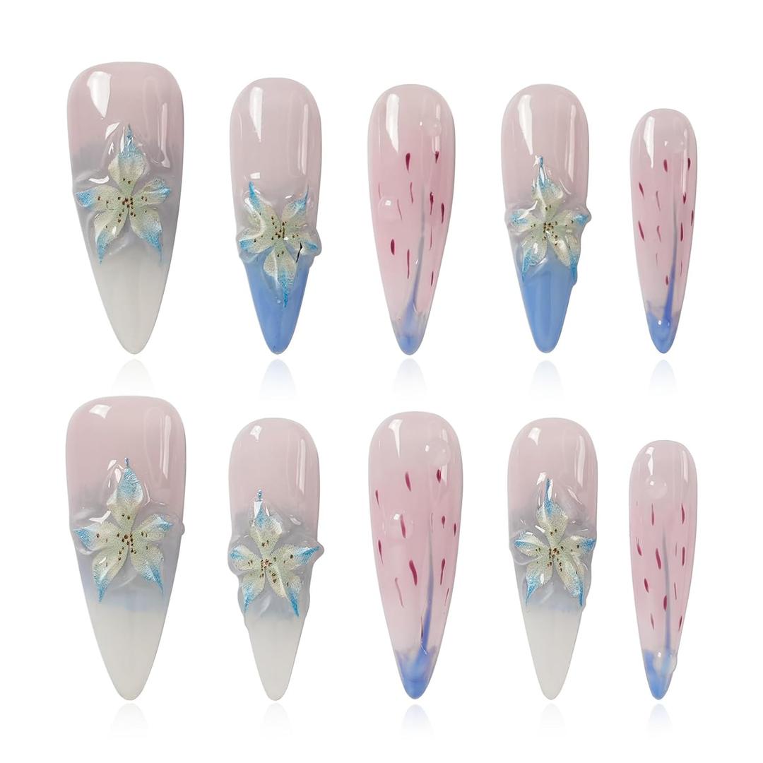 3 x 3D Floral Press On Nails Long Stiletto Fake Nails Elegant Handmade Ombre Nail Art with Lilies Flowers Designs, Multi-Layer Gel Reusable Acrylic Nails for Women (3D Lily Ombre, M)