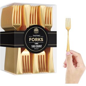 Mini Disposable Gold Forks For Desserts - Pack Of 100 Dessert Forks  Size: 4 Inch - Color: Gold - Real Flatware Look - BPA Free - Food Safe