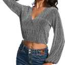 YYA Women's Casual V Neck Blouse Long Lantern Sleeve Spark Shining Blouses Top Shirts Silver XXL