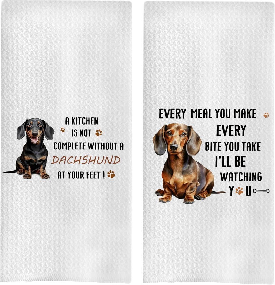 Dachshund Gifts Kitchen Towels Set - Funny Dachshund Decorative Waffle Weave Dish Towels, Wiener Dog Hand Towel, Wiener Dog Gifts Tea Towel, 1624 Inches Set of 2