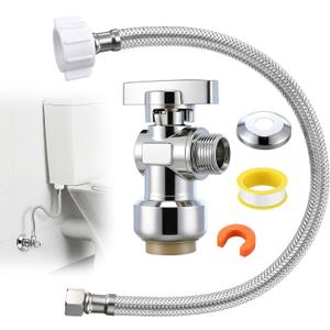 Dreyoo Complete Toilet Shut Off Valve Set with 1/2 x 3/8'' Compression Straight Stop Valve, 12" Length 3/8" COMP x 7/8" BC Toilet Connector Hose, Escutcheon Plate, Disconnect Clip & Sealing Tape