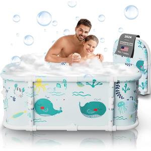 Portable Bathtub, 47 Foldable Bathtub-Installation Free, 7 Layers Thicken with Metal Support, Therapy Tub for Shower Stall Fold Up Soaking Bath Tub, Hot SPA, Ice (Wonder Ocean D1)