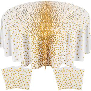 VitalCozy Round Dot Tablecloth 84 Inch Plastic Table Cover Polka Dot Confetti Tablecloths for Easter 2026 Graduation Prom Wedding Birthday Spring Party Supplies(White and Gold,12 Pcs)