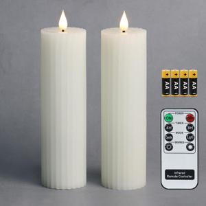 Fanna 8'' White Slim Column Battery Operated Flameless LED Candles, Christmas Pillar Candles Stripe Design, Batteries and Remote Included - Set of 2 - Dia.2.15 inches