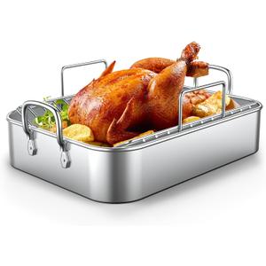 EWFEN Roasting Pan,17*13'' Stainless Steel Turkey Roaster with Rack - Deep Broiling Pan & V-shaped Rack & Flat Rack,Non-toxic & Heavy Duty,Great for Thanksgiving Christmas Roast Chicken Meat Lasagna