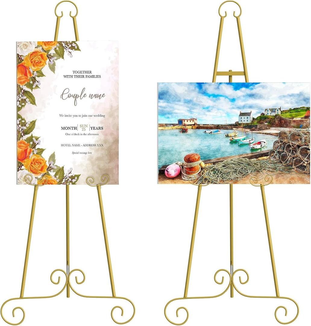 2 Pack 46" H Metal Round Tube Scroll Display Easel, Vintage Gold Decorative Large Adjustable Floor Standing Easel with Chain Support, Perfect for Showcasing Pictures, Artwork, Picture Frame Wedding