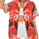 Womens Hawaiian Shirts Soft Cool Floral Print T-Shirt V Neck Short Sleeve Tropical Button Up Tops (Medium, Orange)