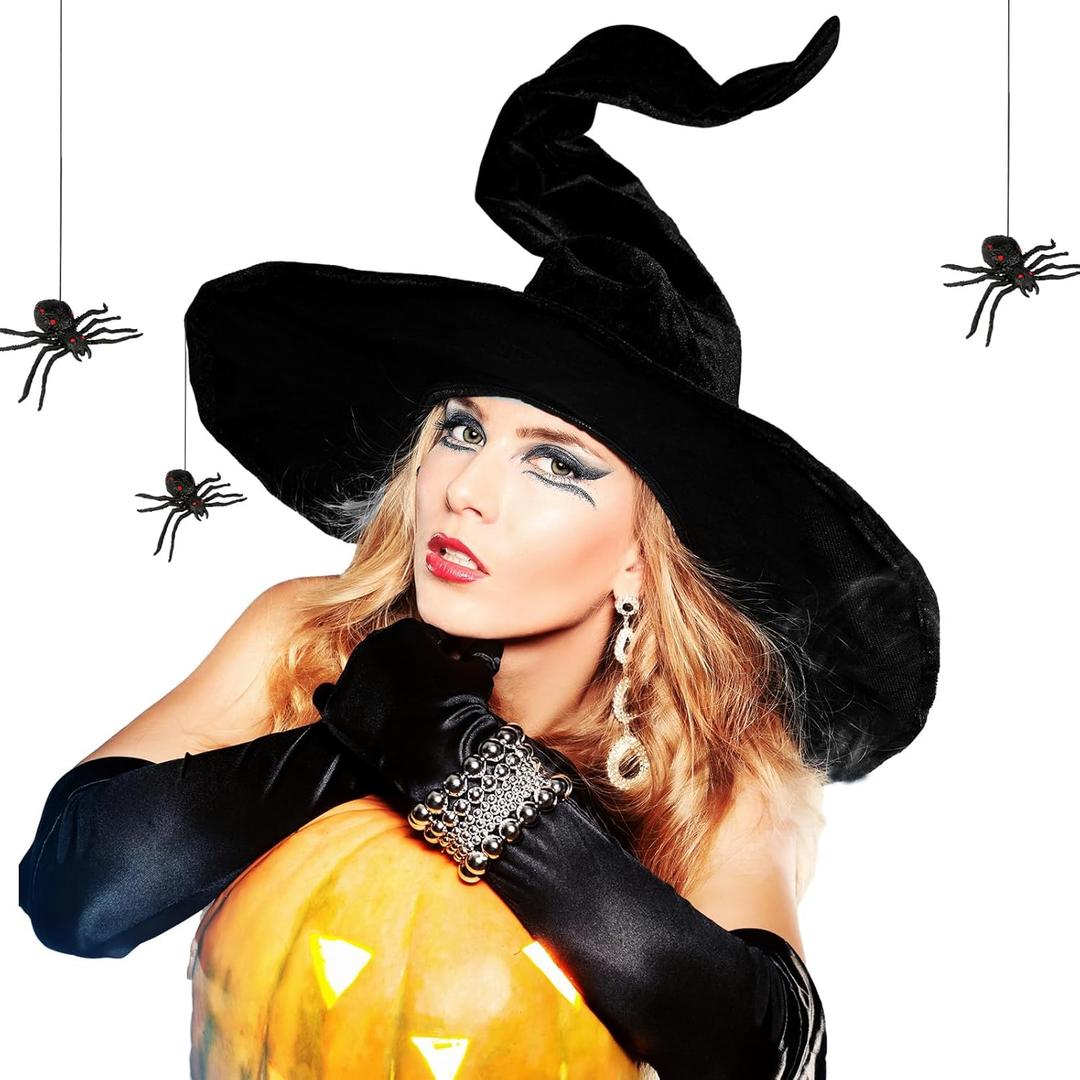 Geyoga Women Halloween Spider Witch Hat with 2 Pcs Black Halloween Spiders for Party Cosplay Costume Accessory