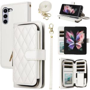 Argyle Wallet Case for Samsung Galaxy Z Fold 6 5G 2024 with Wrist Strap Shoulder Strap Card Slot Zipper Purse Luxury PU Leather Stand Cell Phone Cover for ZFold6 Z6 G Fold6 6Z Girls White