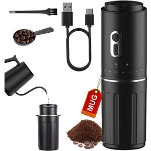 All-in-one Pour Over Coffee Maker Portable Electric Burr Coffee Grinder, Rechargeable Coffee Bean Grinder Conical Burr, Battery Powered Cordless Portable Coffee Maker for Travel, Camping, Car