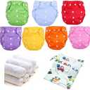 Baby Cloth Diapers Washable Reusable Diapers for Baby Girls and Boys, One Size Adjustable 7 Pack with 7 Inserts and 1 Storage Bag