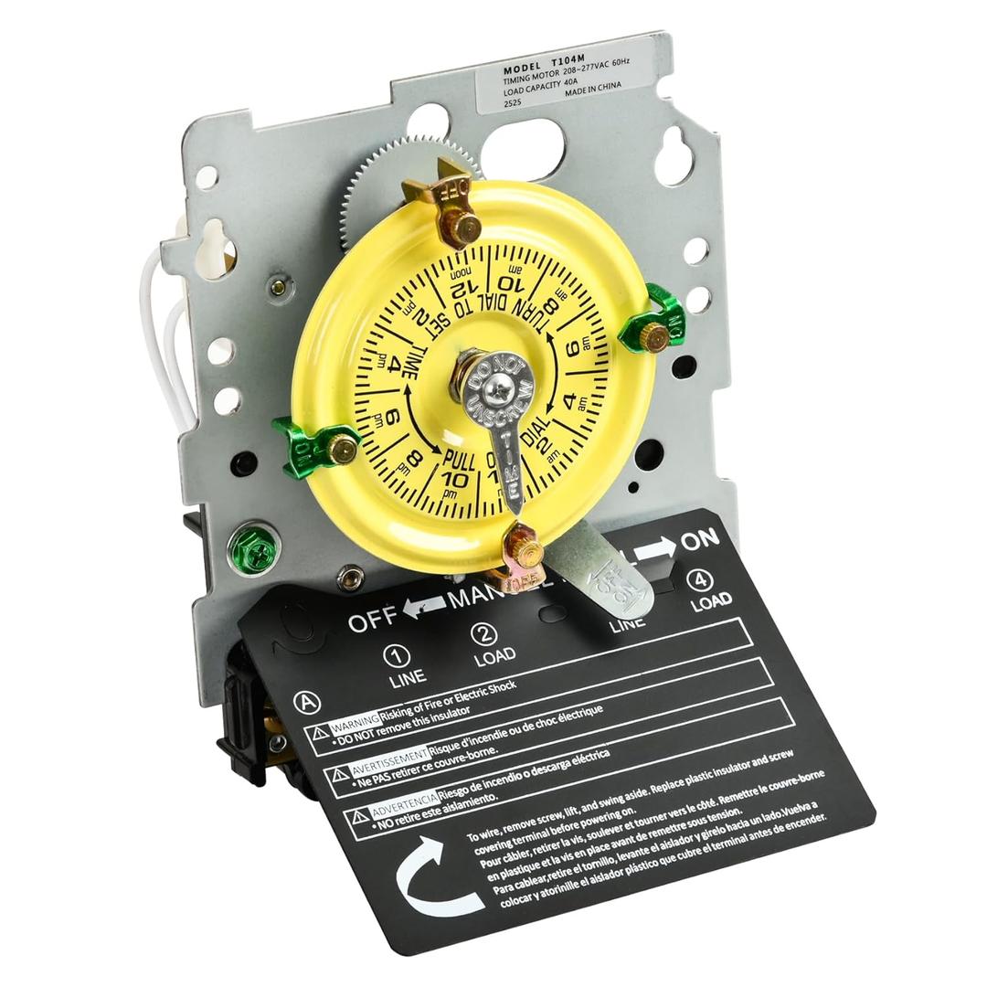 T104M Pool Timer Mechanism Only, 208-277V DPST 40A Time Switch, Pool Pump Timer, Heavy-Duty Mechanical Time Switches, 24 Hour 12 ON/Off for Pool Pump,Time Switch Mechanism Only