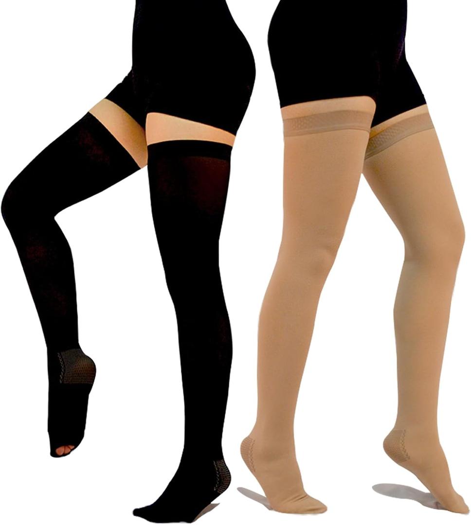 2 Pairs Anti Embolism Ted Hose Thigh High 15-20 mmHg Compression Stocking,Post Surgery Support Compression Socks with Inspect Toe Hole for Women & Men (XXL, Black + Beige)