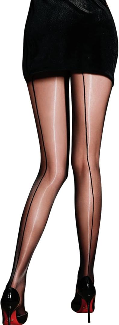 HTRUIYA Women Shiny Backseam Pantyhose Sexy Sheer Seamed Tights Control Top Oil Stocking Pantyhose for Women (One Size, Black)