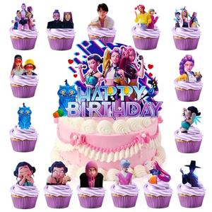 16Pcs Cute Anime Cake Decorations with 15pcs Cupcake Toppers, 1pcs Happy Birthday Cake Topper, Cartoon Themed Party Supplies, Perfect for Birthday Party Decorations