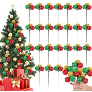 24 Pcs Christmas Tree Ball Ornaments Christmas Ball Picks for Xmas Tree Wreath Garland Vase Stairs Decoration Home Decor (Gold, Green, Red)