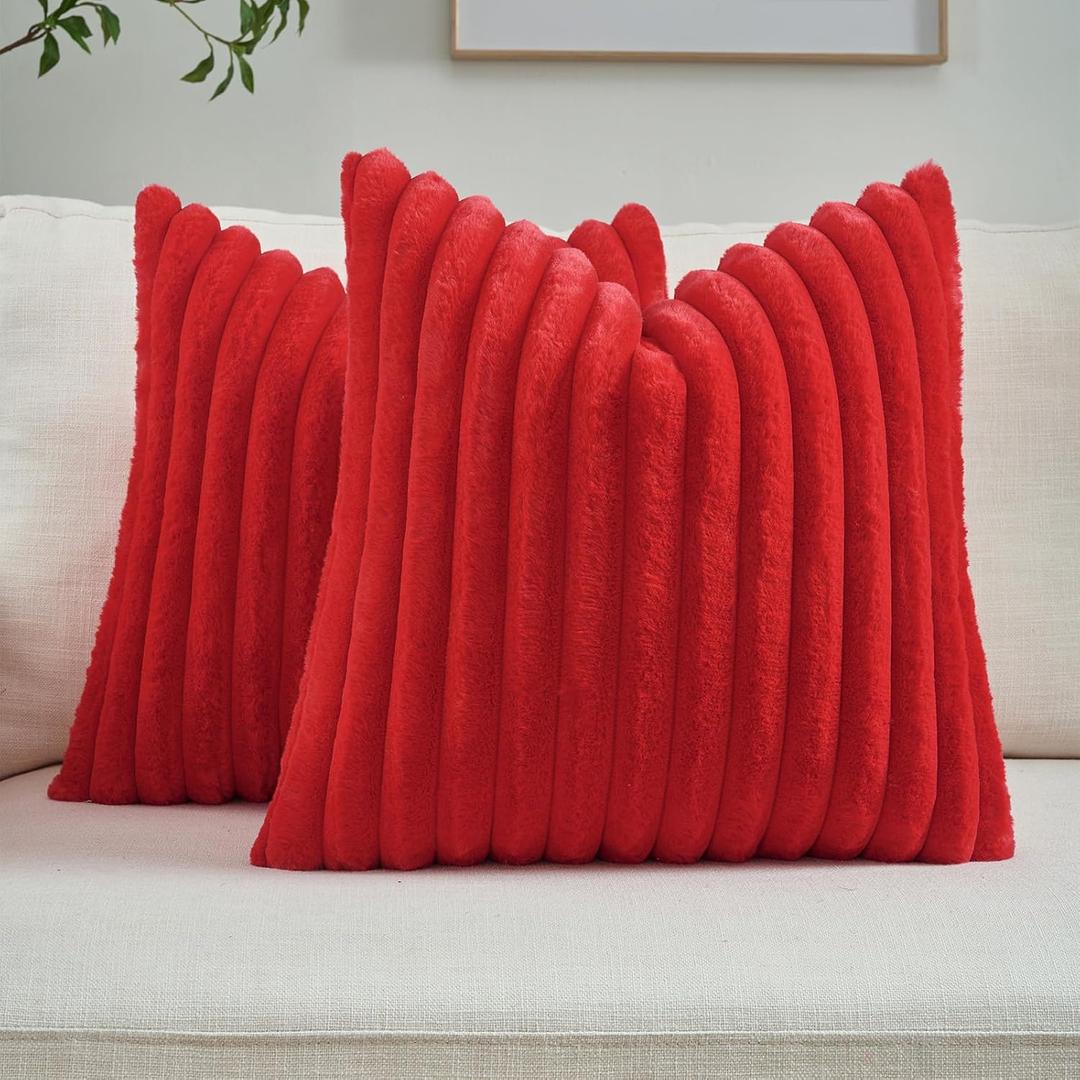 FUTEI Valentine's Day Red Throw Pillow Covers Set of 2, 16x16 Inch Soft Faux Rabbit Fur Striped Texture Cushion Cases, Modern Decorative Couch Pillows for Living Room Bed