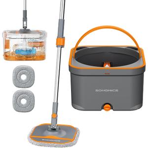 SONGMICS Spin Mop and Bucket Set, Separate Dirty and Clean Water, 2L | Floor Cleaning Mop with 2 Washable Mop Heads, 11.2 x 11.2 x 7.5 Inches, Orange and Gray, CLEMAX Collection ULMB005OT02