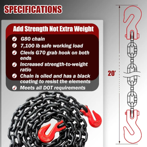 G80 Transport Binder Chain 3/8 Inch x 10 Foot | Tow Chain with Clevis Grab Hooks | 7,100 lbs Safe Working Load | Heavy Duty Chain for Transporting Towing (3/8'' x 10FT (Black))