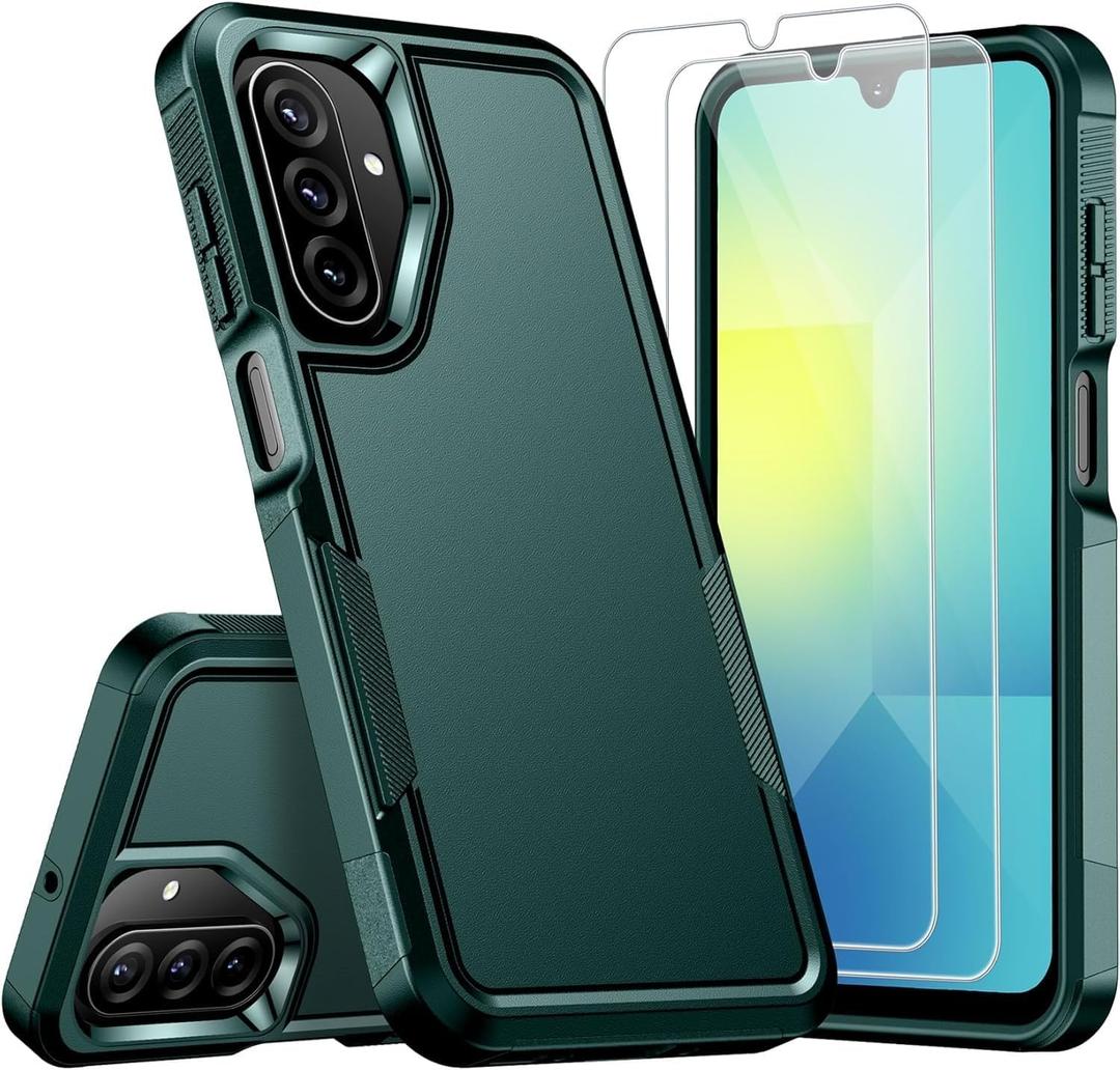 SPIDERCASE for Samsung Galaxy A15 5G Case,[12 FT Military Grade Drop Protection] 2 Pack [Glass Screen Protector + Camera Lens Protector] Heavy Duty Shockproof Case,Dark Green