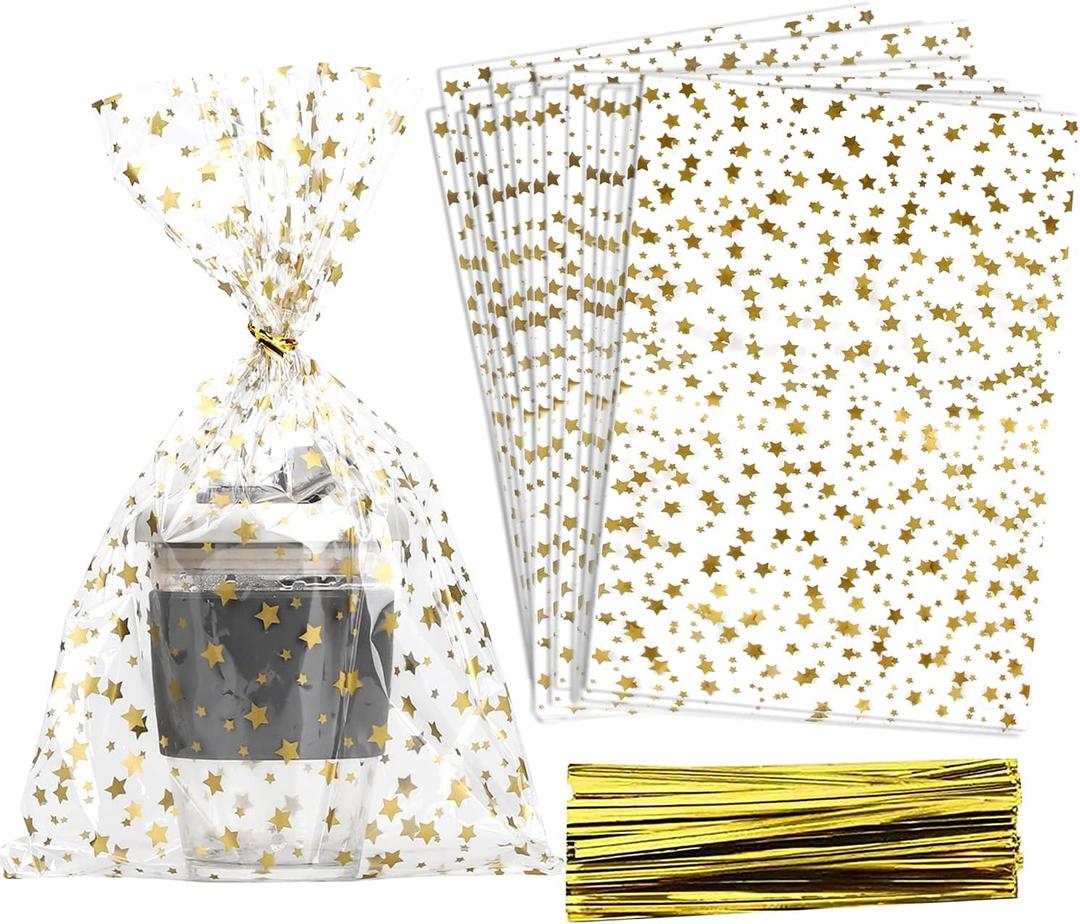 100 Pcs Star Printed 8"X 12" Gift Wrap Cello Cellophane Treat Bags Party Favor bags Clear Candy Cookie Bags Plastic Poly Goodie Storage Bags with Twist Ties for Bakery,Birthday, Wedding ,Party Decorations (Gold)
