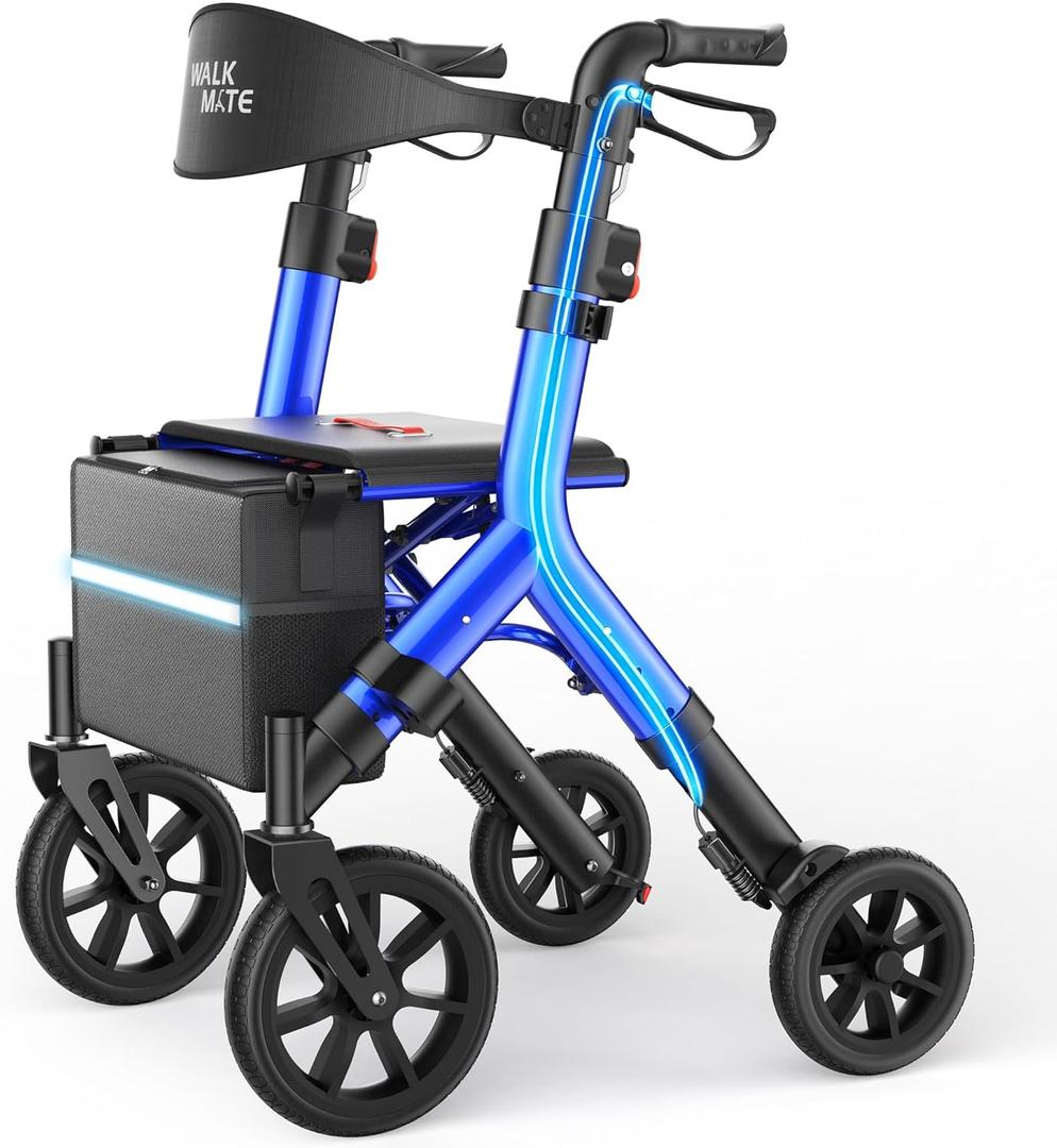 WALK MATE Rollator Walker for Seniors 5.3~7ft Tall, Height-Adjustable Seat, Built-in Cable, 10 Inch Wheels, 16.5 lb Lightweight & Compact Folding Design, 300 lb Capacity, Blue