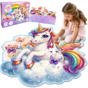 LINAYE Unicorn Puzzle for Kids Ages 4-6, Unicorn Floor Puzzles for Girls 4-6, 48 Pieces Large Puzzles for Toddlers Kids, Christmas Birthday Gifts Toys for 3 4 5 6 7 8 Year Old Girls