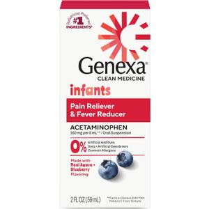 Genexa Infants' Clean Acetaminophen | Pediatrician Preferred Ingredients | Pain Reliever & Fever Reducer for Babies | Dye Free, 0% Artificial Additives | Delicious Organic Blueberry Flavor, 2 fl oz (1 Pack)