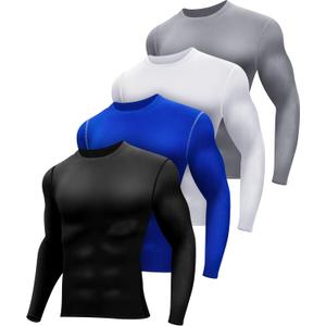 Hicarer 4 Pack Men's Compression Shirts Quick Dry Long Sleeve Athletic Workout Top for Gym Sports Winter Thermal Base Layers (X-Large, Black, White, Blue, Gray)