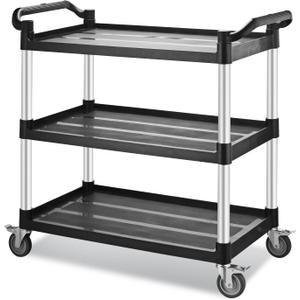 Utility Rolling Carts with Wheels, Large Size Plastic Service Carts, Heavy Duty Restaurant Cart with 4 Lockable Brake Wheels for Kitchen/Office/Warehouse (3 Tier - 34x17x37 inches / 510lbs)